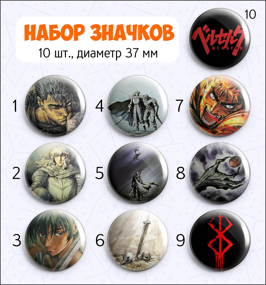 Набор значков Berserk #2 (10 шт., 37 мм) на заказ